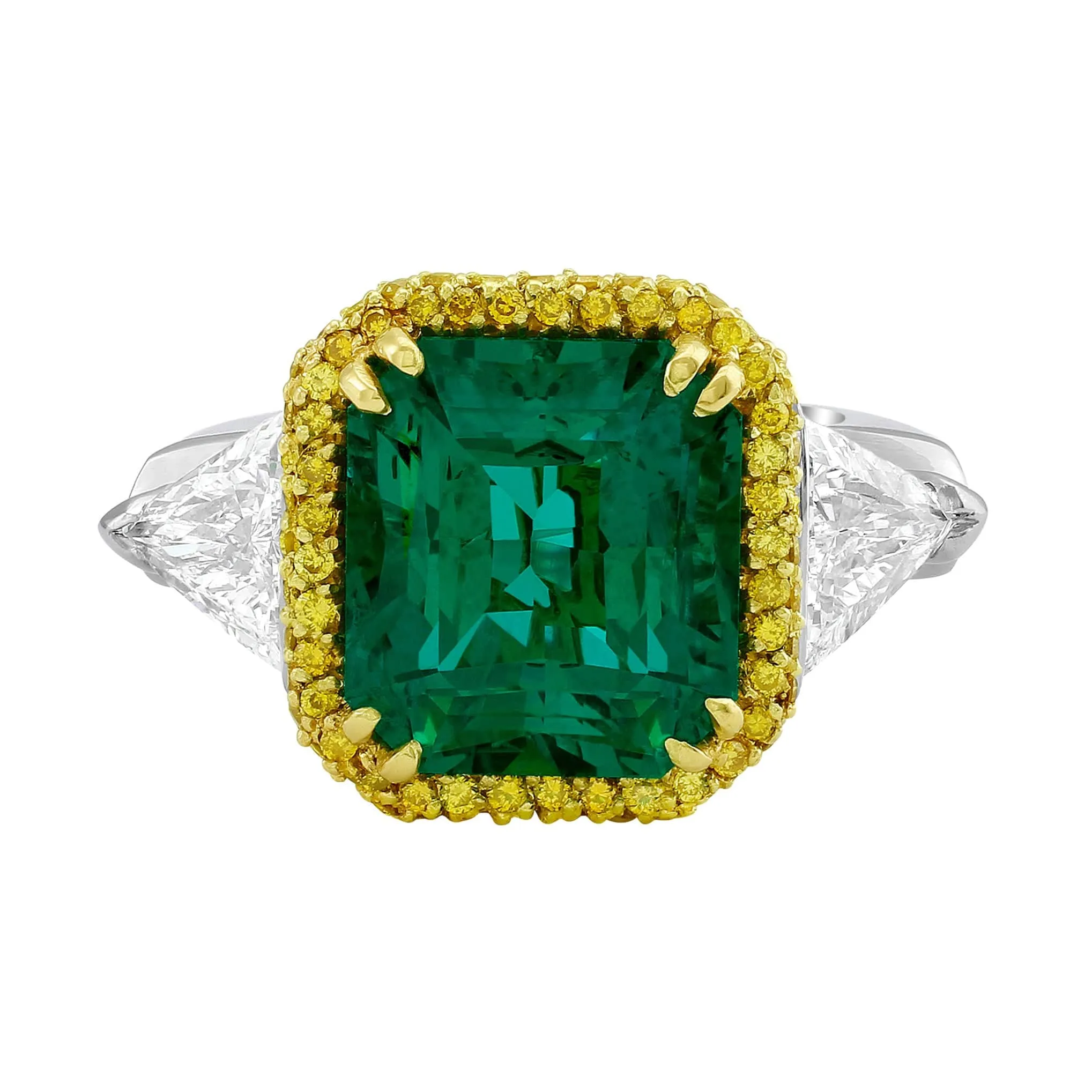 Rivière Platinum Yellow Gold 6.85ct Emerald and Diamond Ring
