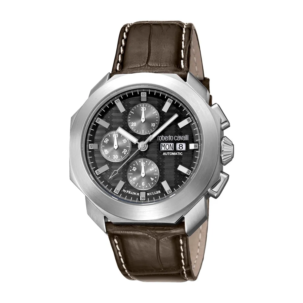 Roberto Cavalli Men's Automatic Watch With Dark Brown Leather Strap & Black Dial