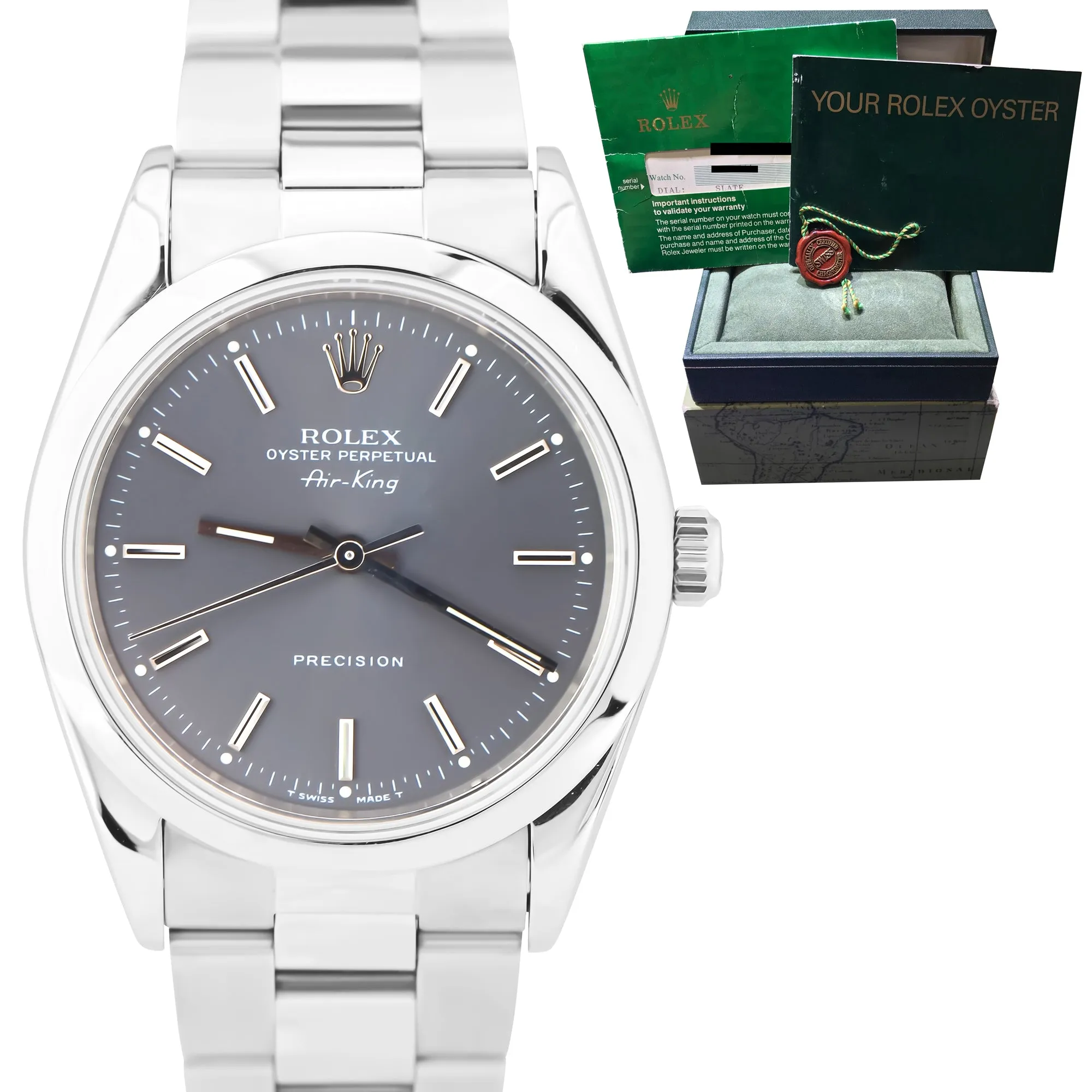 Rolex Oyster Perpetual Air-King Slate Grey 14010 Stainless NO-HOLES 34mm Watch