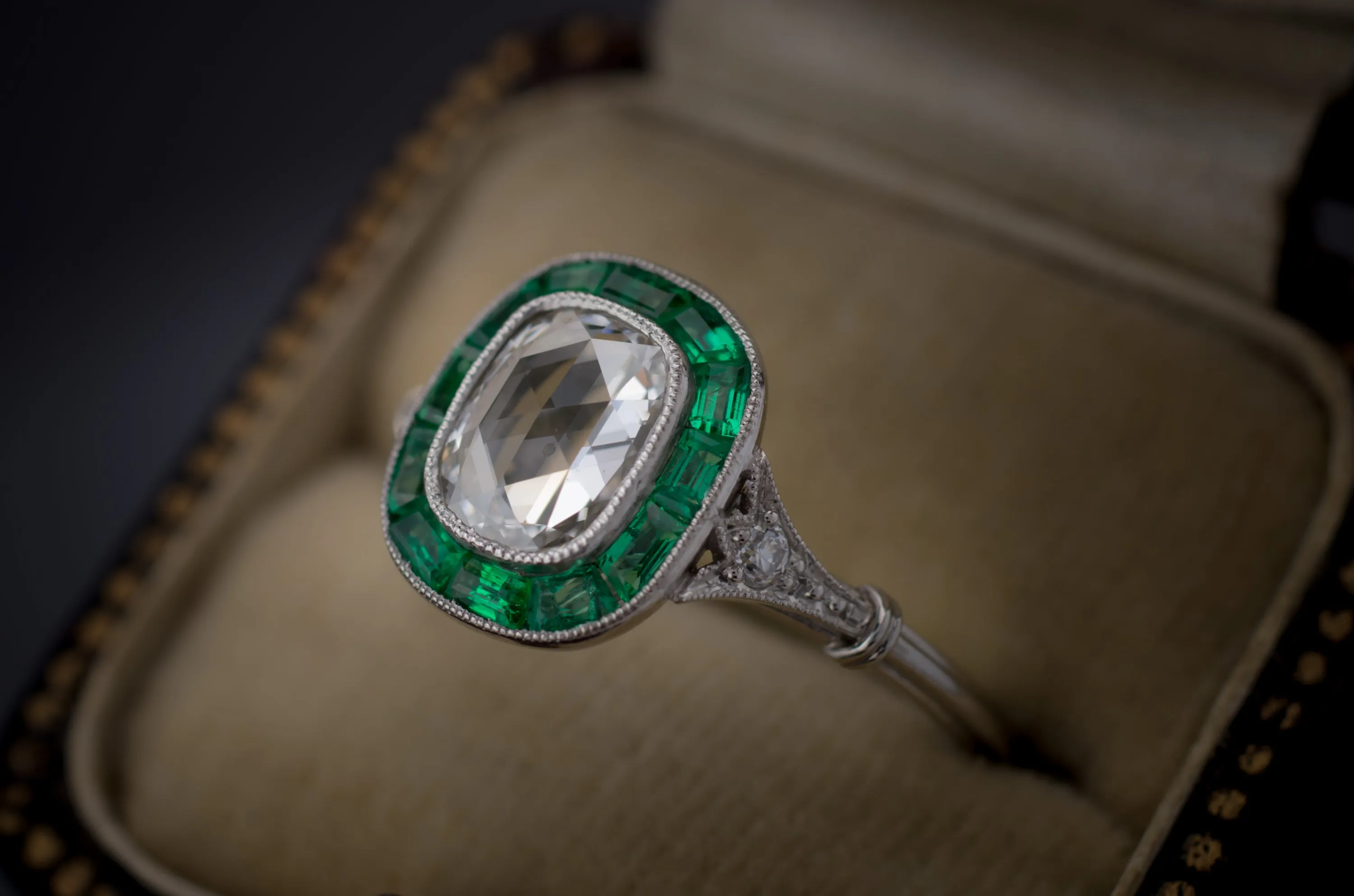 ROSE CUT AND EMERALD TARGET RING