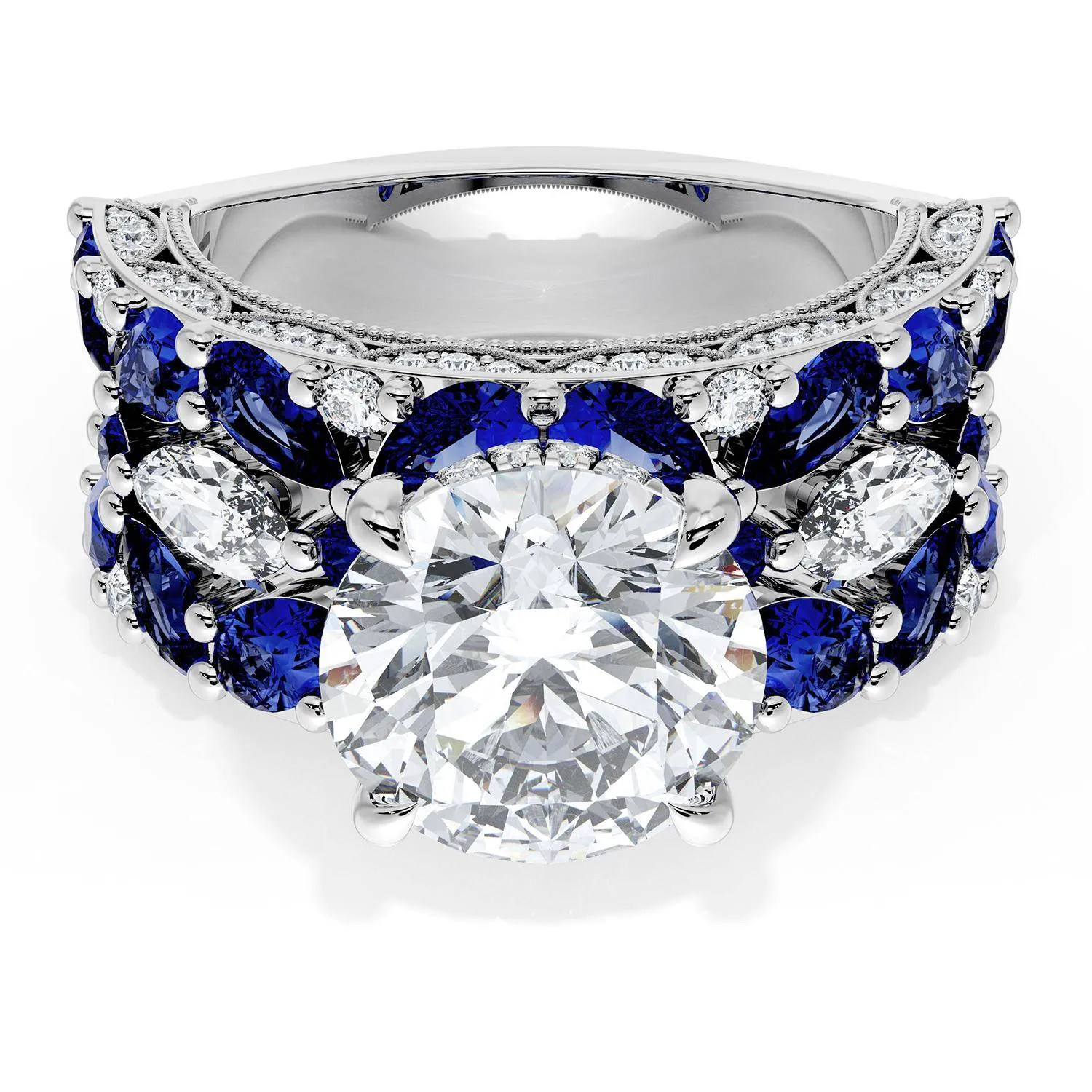 Round Solitaire Engagement Ring w/ Marquise & Pear Band