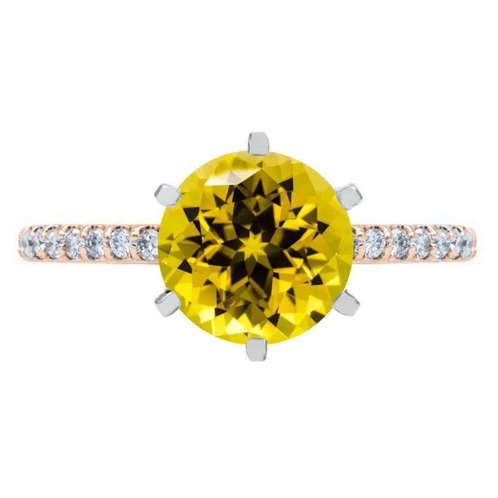 Round Yellow Sapphire 6 Prongs Diamond Accent Ice Solitaire Ring