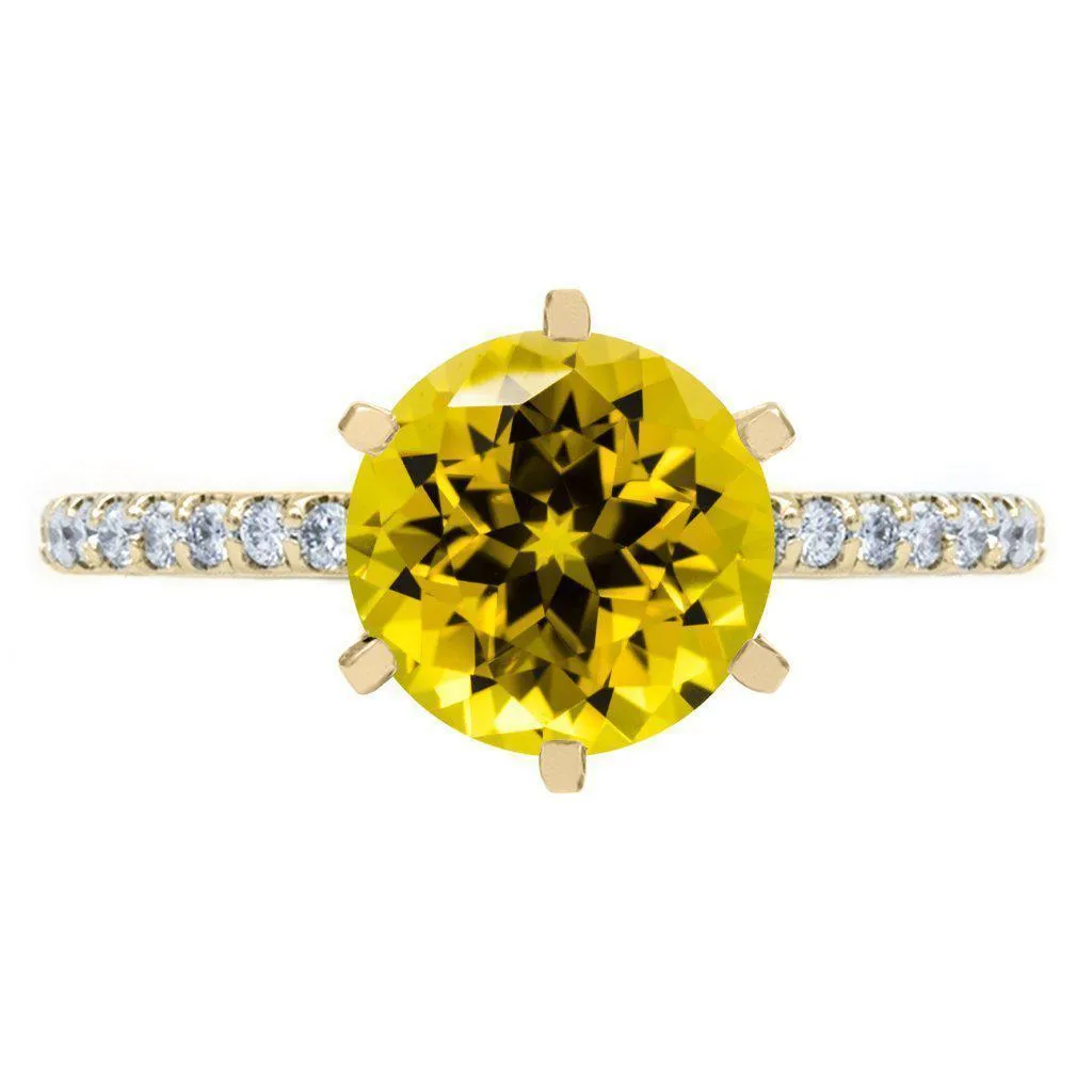 Round Yellow Sapphire 6 Prongs Diamond Accent Ice Solitaire Ring