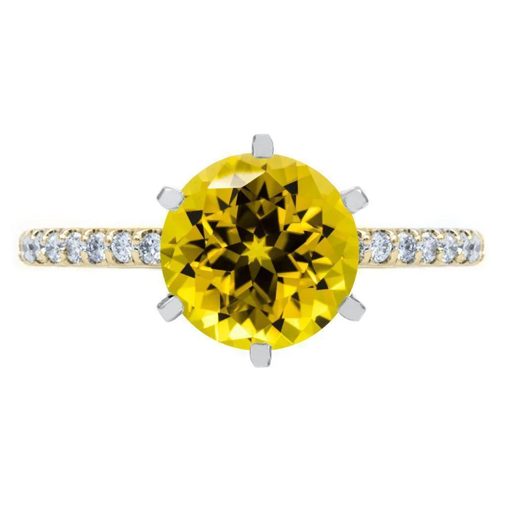Round Yellow Sapphire 6 Prongs Diamond Accent Ice Solitaire Ring