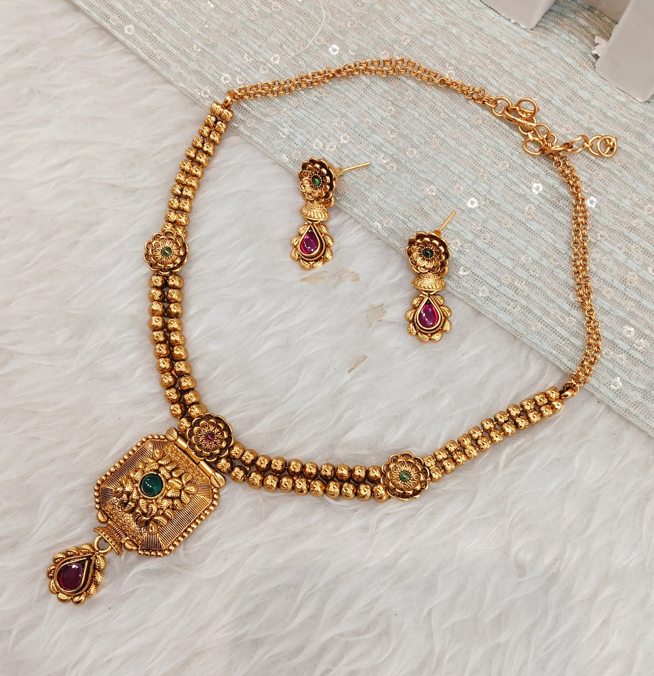 Ruby Green Gold Polki Necklace Indian Jewellery Harf Set