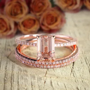Sale 2 Carat Emerald Cut Morganite And Diamond Moissanite 3 Rings Set 1 Engagement Ring And 2 Wedding Bands With 18k Gold Plating
