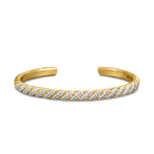 Sculpted Cable Cuff Bracelet in 18K Yellow Gold with Diamonds, 5.5mm, Size Medium