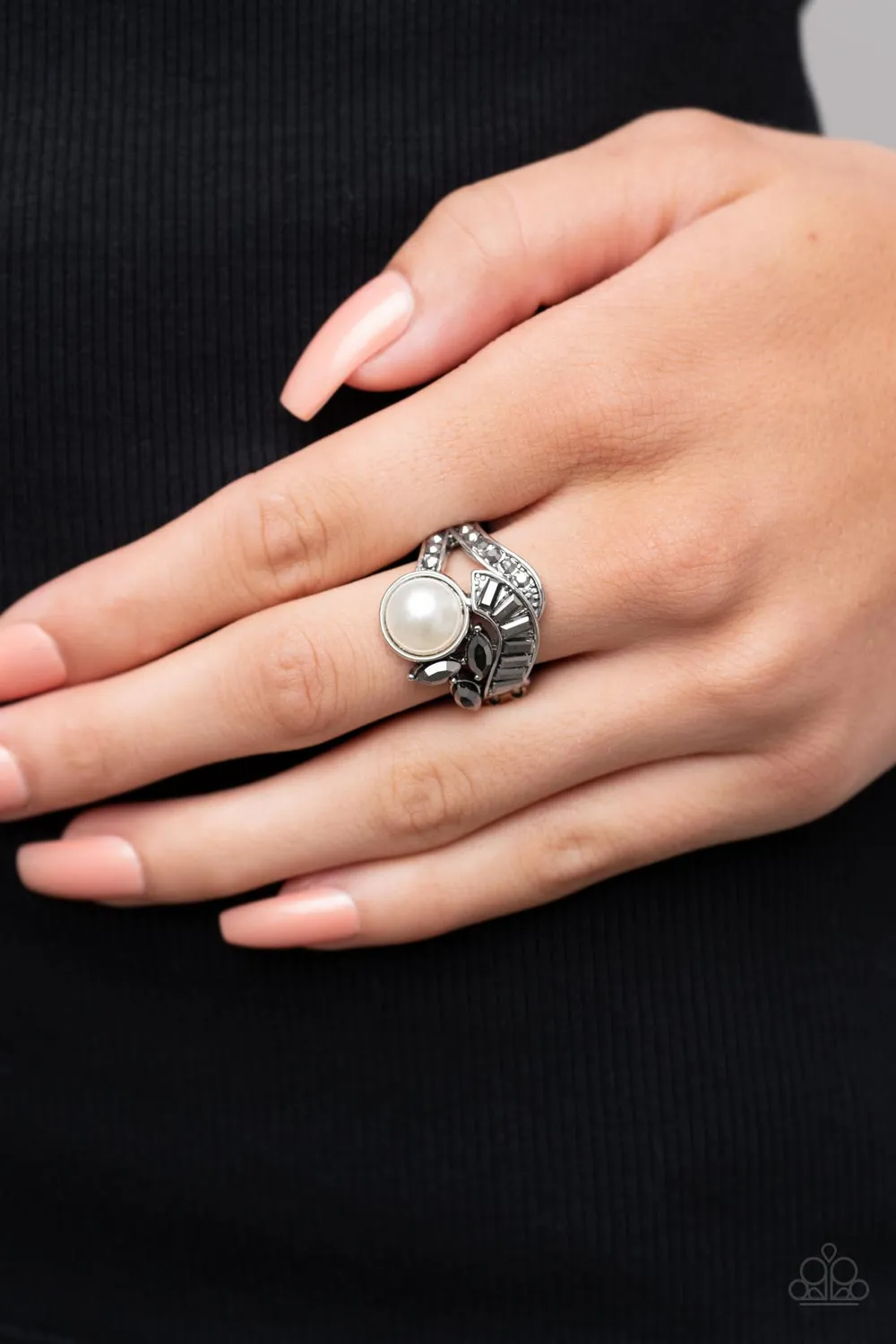 SELFIE-Made Millionaire - Silver (Hematite Rhinestone/White Pearl) Ring