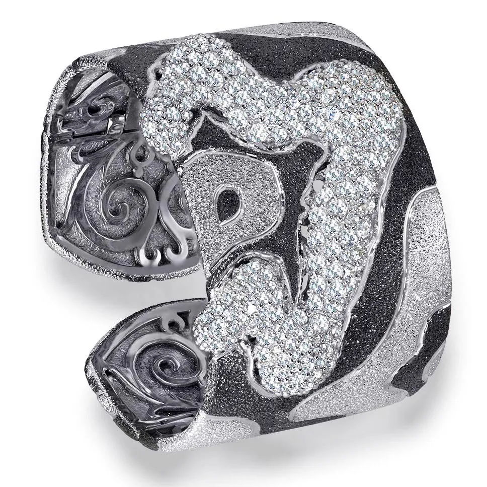 Silver Cora Pattern Cuff Bracelet with White Topaz