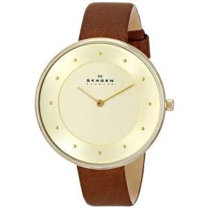Skagen Gitte Brown Leather Strap Gold Dial Quartz Watch for Ladies - SKW2138