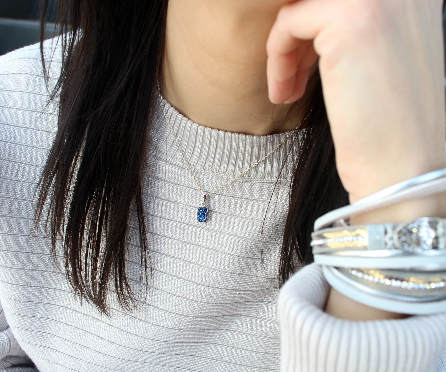 Small Rectangle Platinum Druzy Necklace