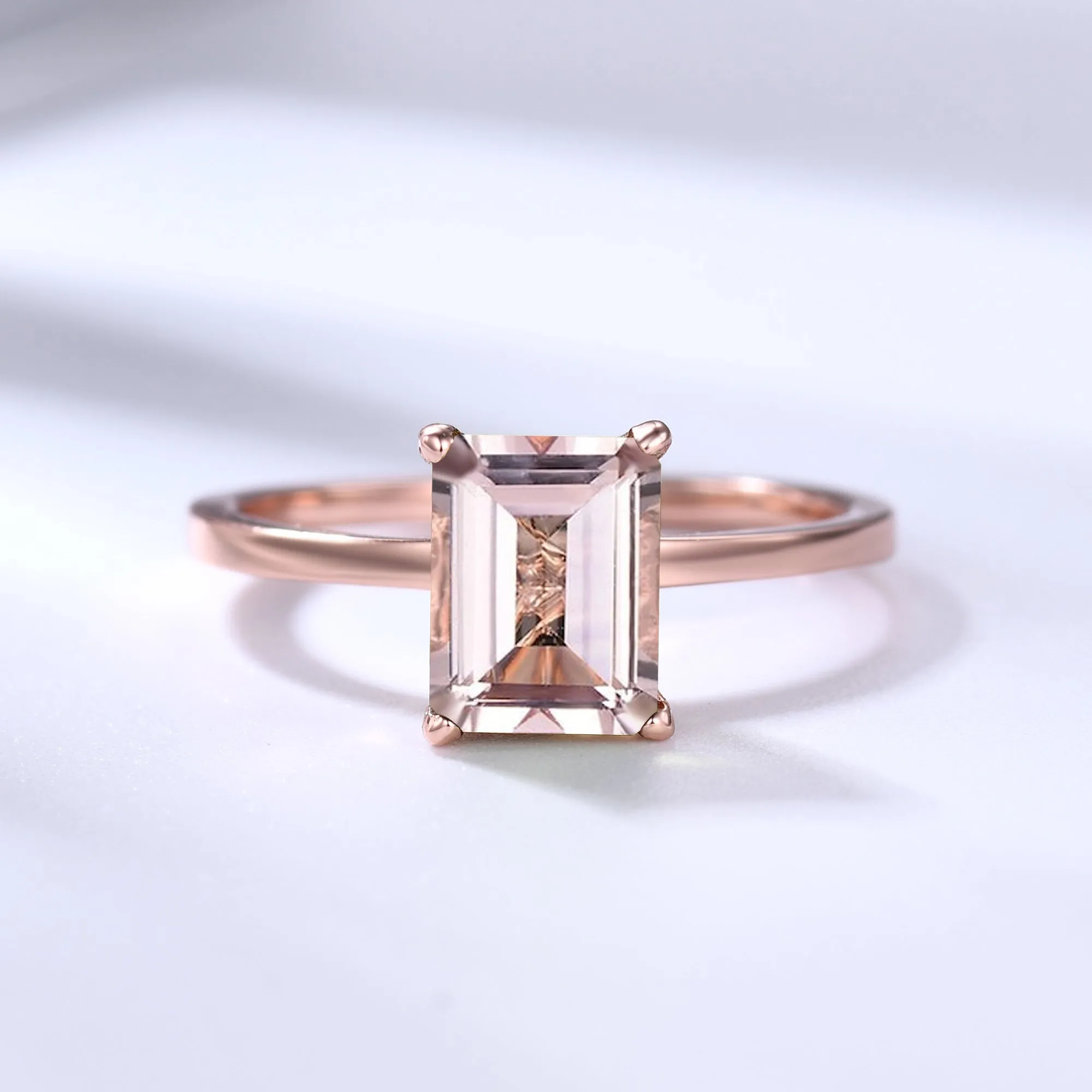 Solitaire 6x8mm Emerald Cut Morganite Engagement Ring Diamond Hidden Halo