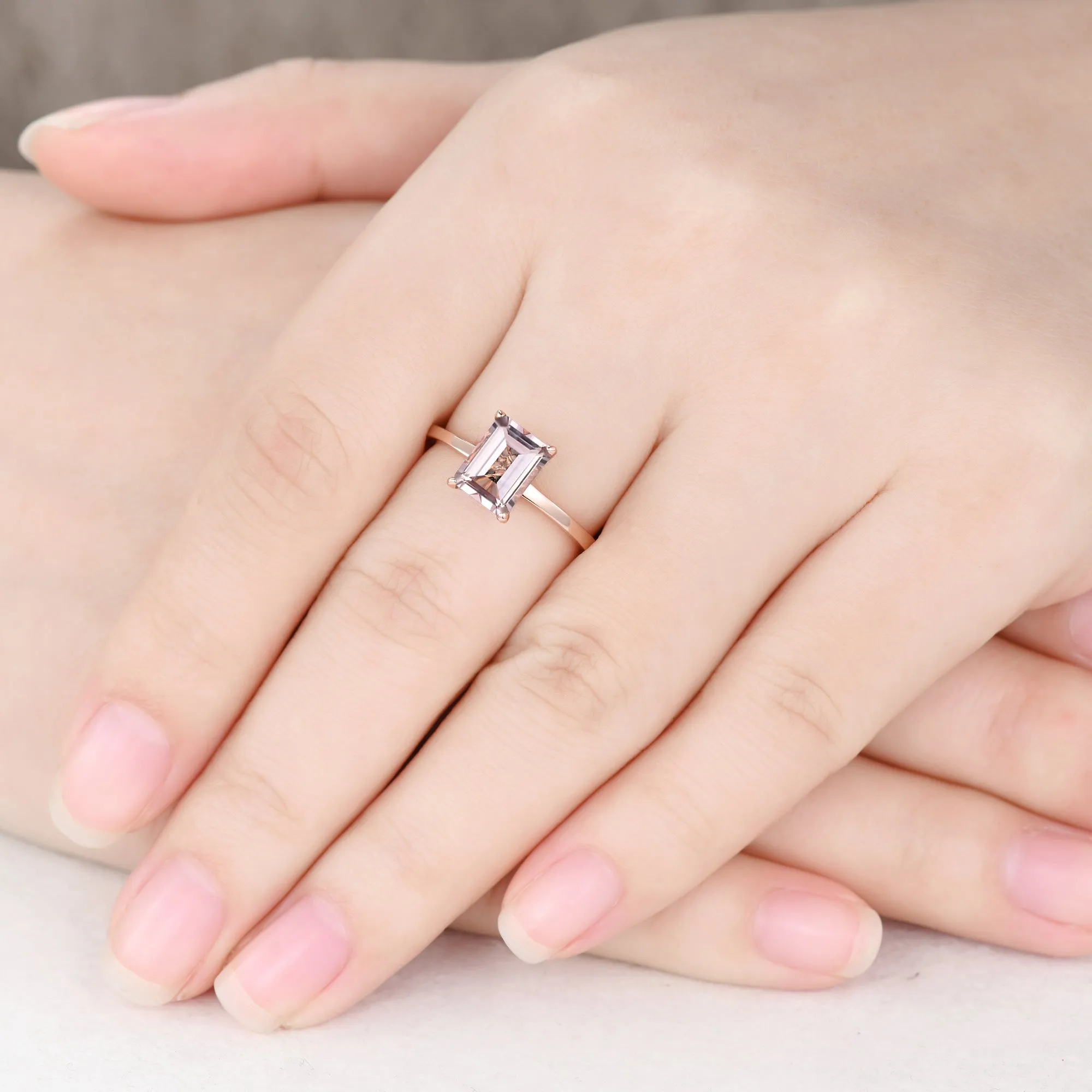 Solitaire 6x8mm Emerald Cut Morganite Engagement Ring Diamond Hidden Halo