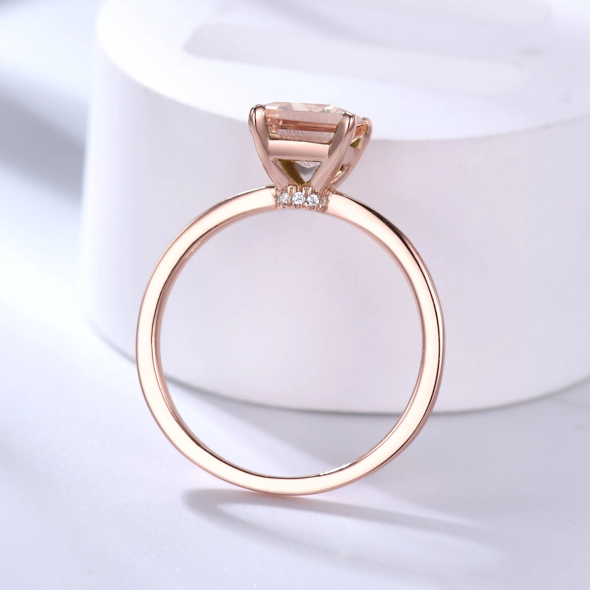 Solitaire 6x8mm Emerald Cut Morganite Engagement Ring Diamond Hidden Halo