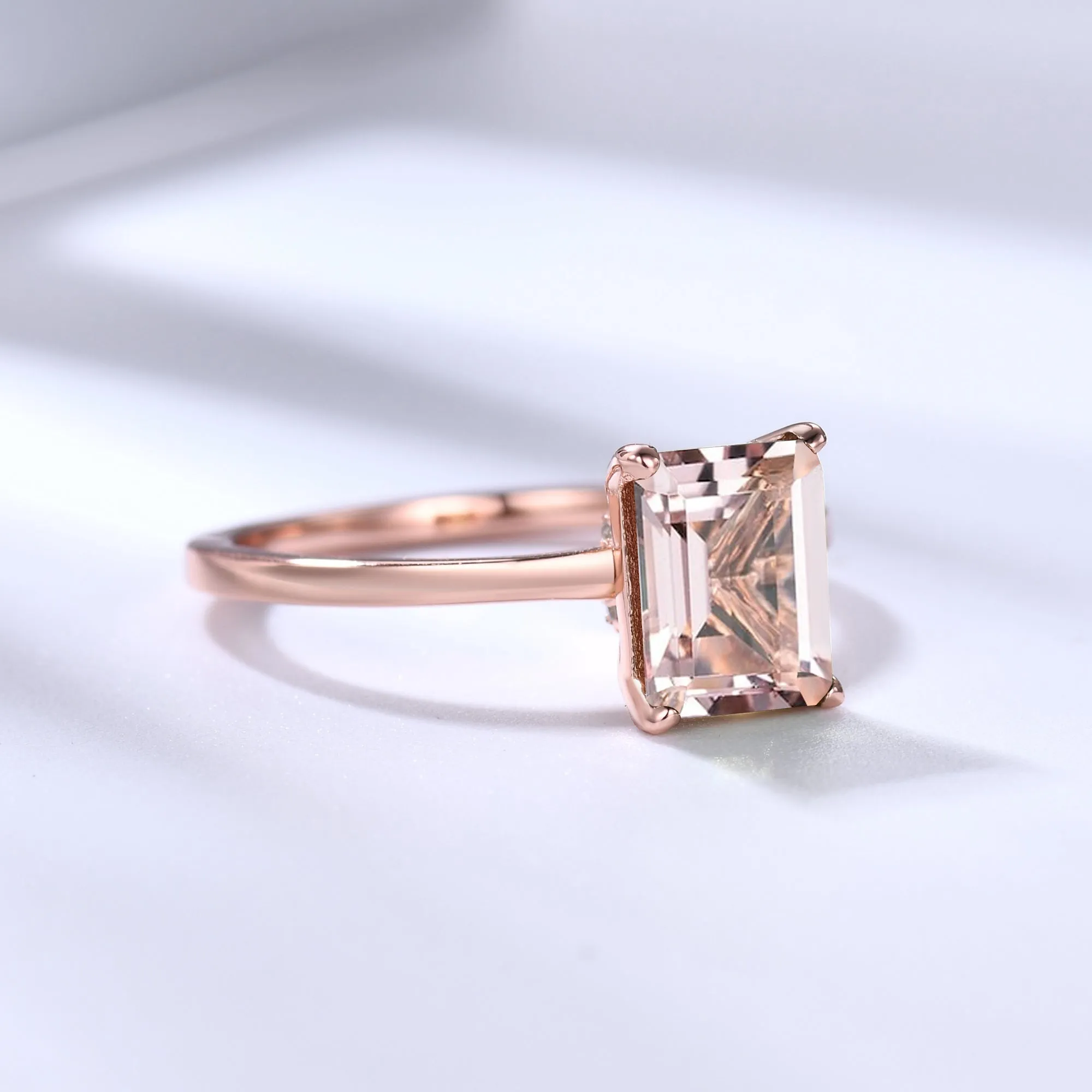 Solitaire 6x8mm Emerald Cut Morganite Engagement Ring Diamond Hidden Halo
