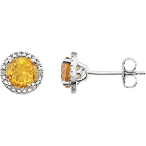 Sterling Silver Citrine   .01 CT Diamond Halo Earrings