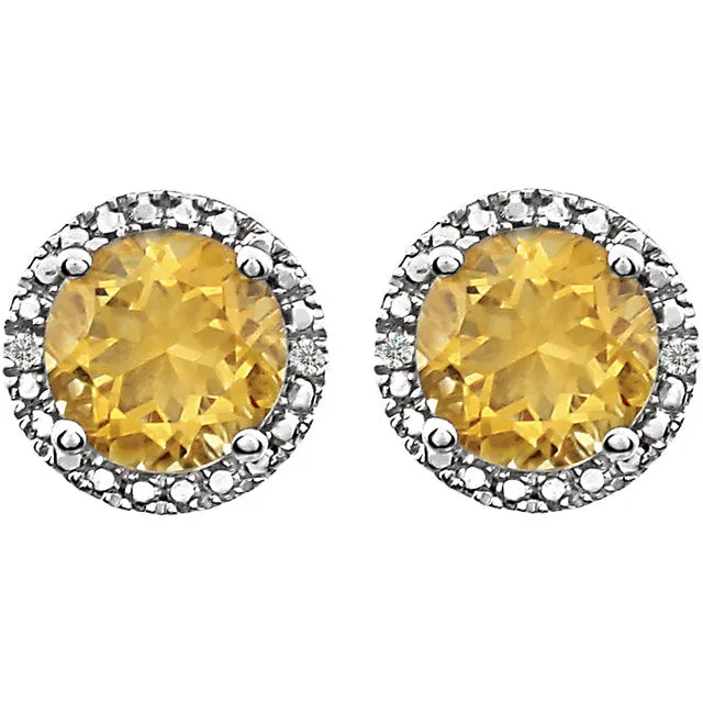 Sterling Silver Citrine   .01 CT Diamond Halo Earrings