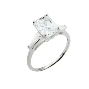 Sterling Silver Emerald Cut CZ Ring with Baguettes