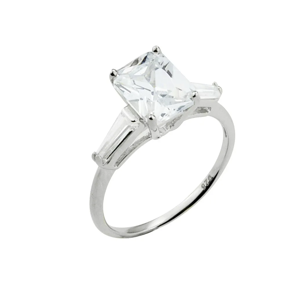 Sterling Silver Emerald Cut CZ Ring with Baguettes