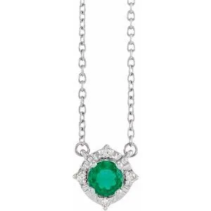 Sterling Silver Lab-Grown Emerald & .04 CTW Natural Diamond Halo-Style 18" Necklace