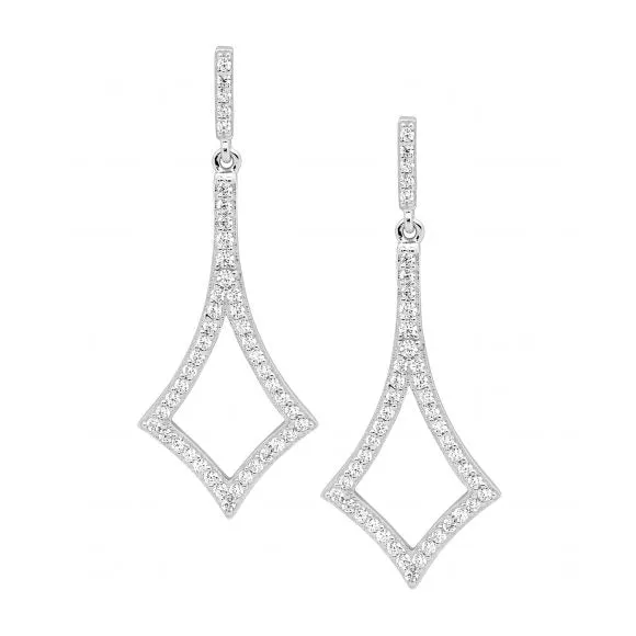Sterling Silver Open Diamond Shape Drop Earrings with Cubic Zirconia 40mm E602
