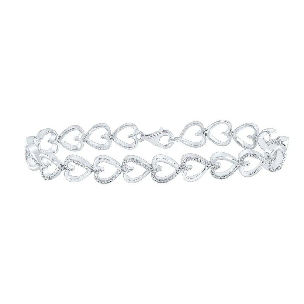 Sterling Silver Womens Round Diamond Heart Bracelet 1/20 Cttw