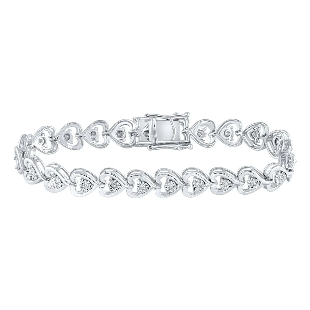 Sterling Silver Womens Round Diamond Heart Tennis Bracelet 1/2 Cttw