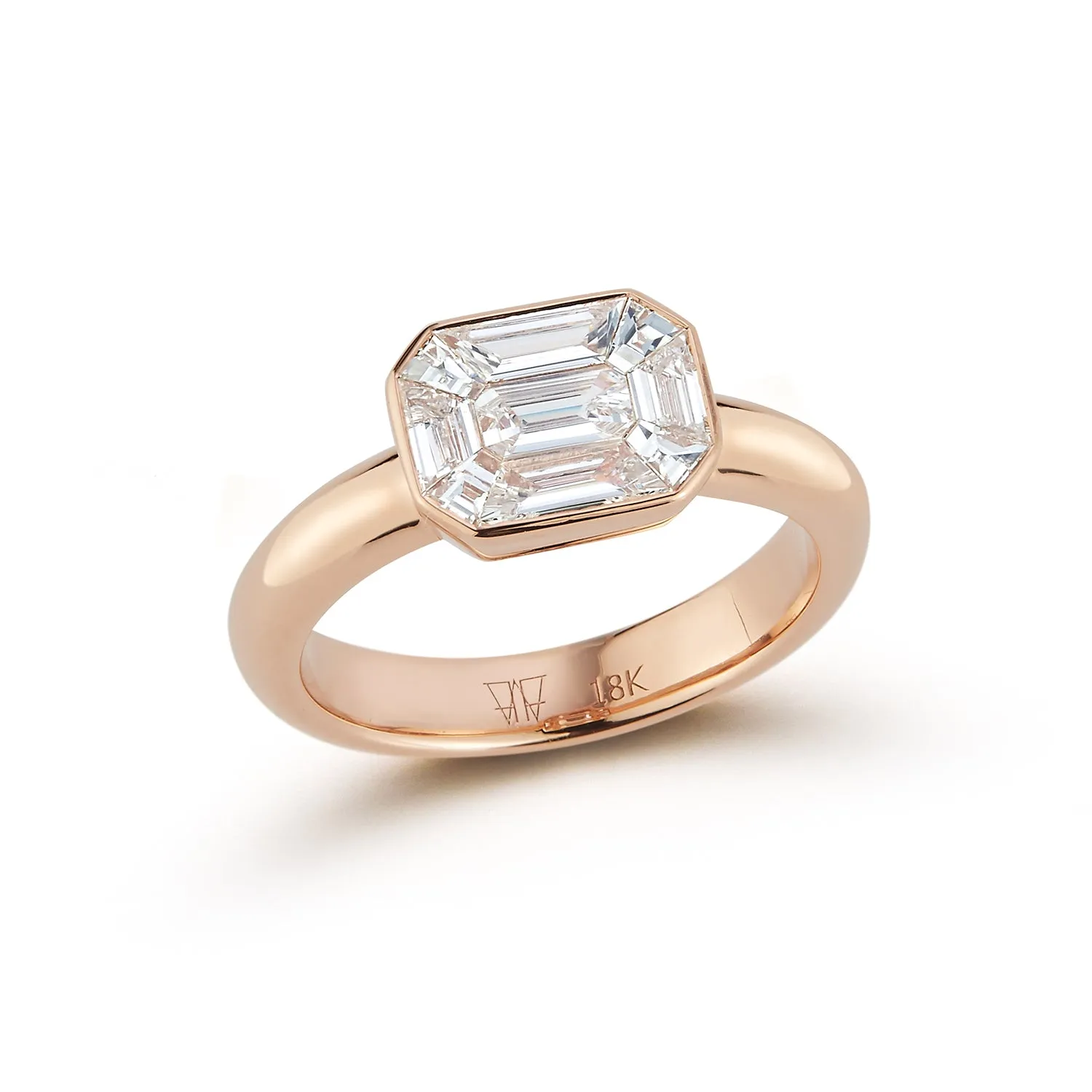 THOBY 18K GOLD ILLUSION SET DIAMOND EAST WEST EMERALD CUT RING