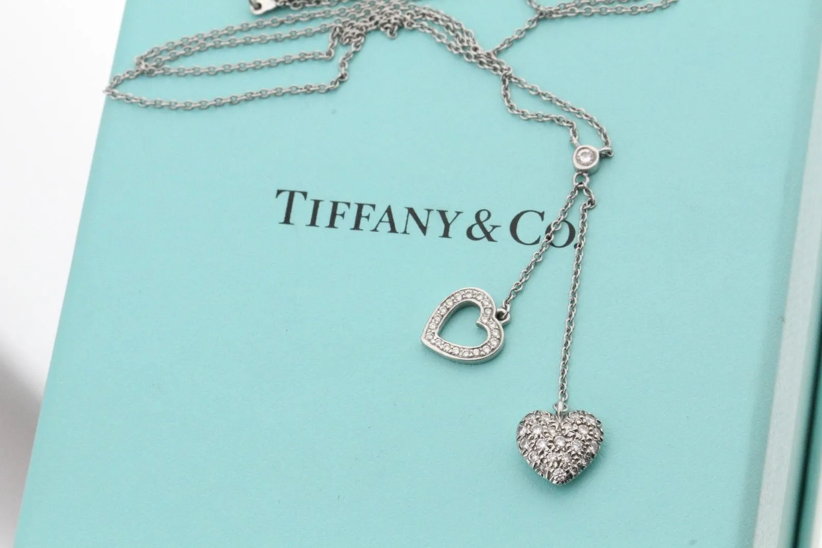 Tiffany & Co. Platinum Pave Diamond Double Heart Pendant Necklace