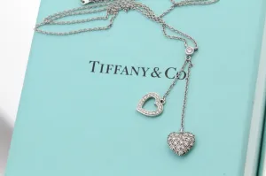 Tiffany & Co. Platinum Pave Diamond Double Heart Pendant Necklace