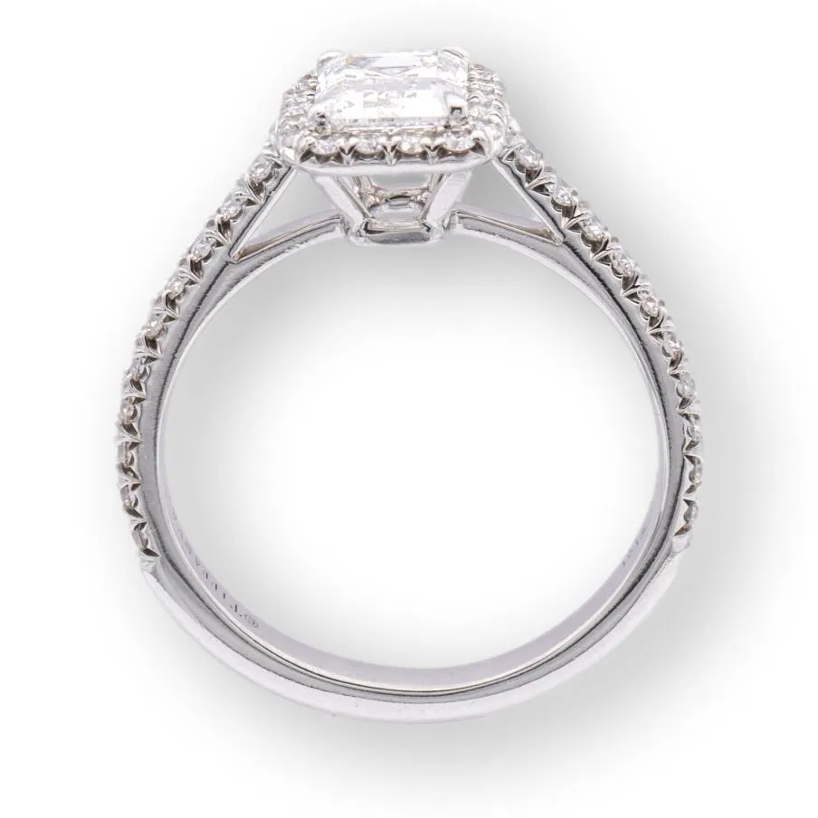 Tiffany & Co. Platinum Soleste Emerald Cut Halo Engagement Ring .97 cts Ttl. FVVS2 Diamond Band