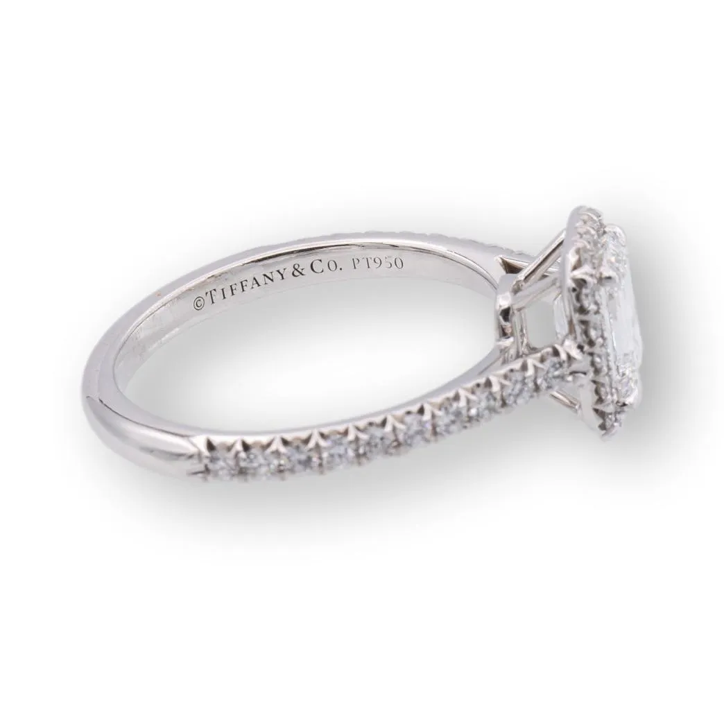 Tiffany & Co. Platinum Soleste Emerald Cut Halo Engagement Ring .97 cts Ttl. FVVS2 Diamond Band