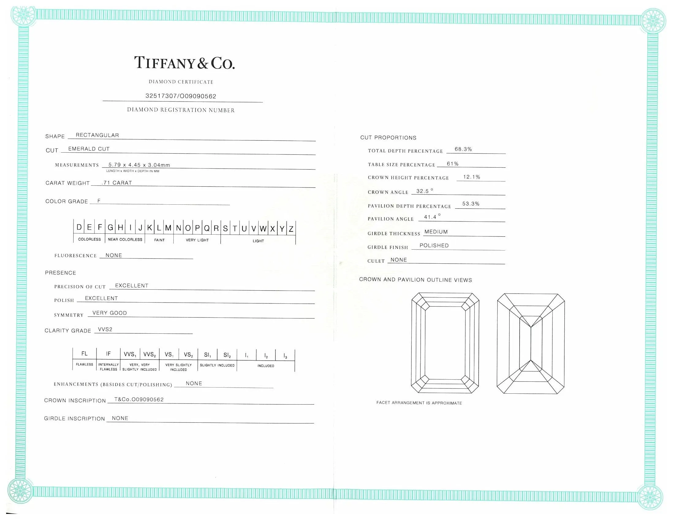 Tiffany & Co. Platinum Soleste Emerald Cut Halo Engagement Ring .97 cts Ttl. FVVS2 Diamond Band
