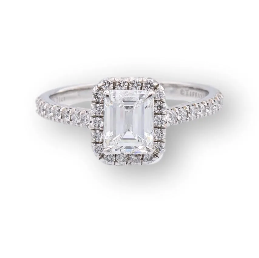 Tiffany & Co. Platinum Soleste Emerald Cut Halo Engagement Ring .97 cts Ttl. FVVS2 Diamond Band