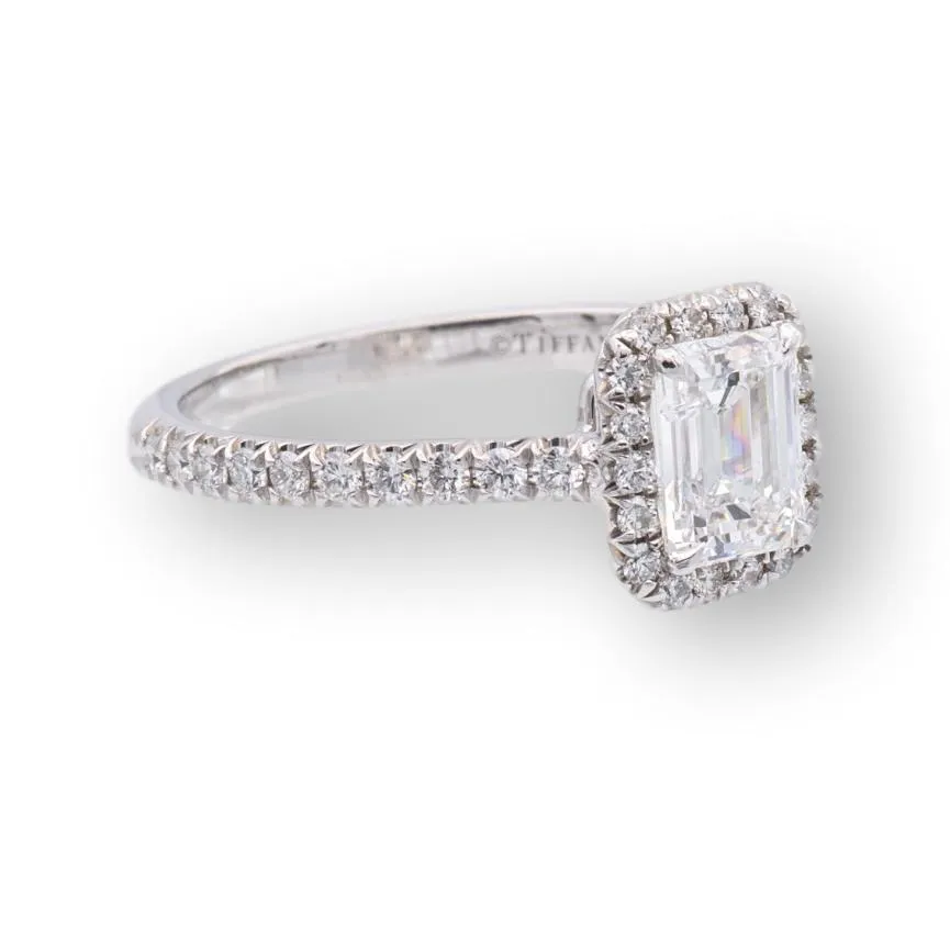Tiffany & Co. Platinum Soleste Emerald Cut Halo Engagement Ring .97 cts Ttl. FVVS2 Diamond Band