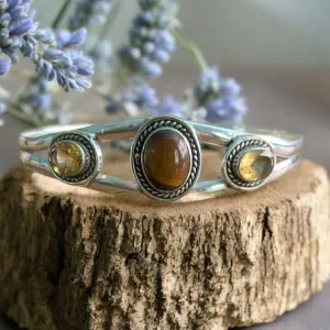 Tigers Eye & Citrine Solid 925 Sterling Silver Cuff Bracelet