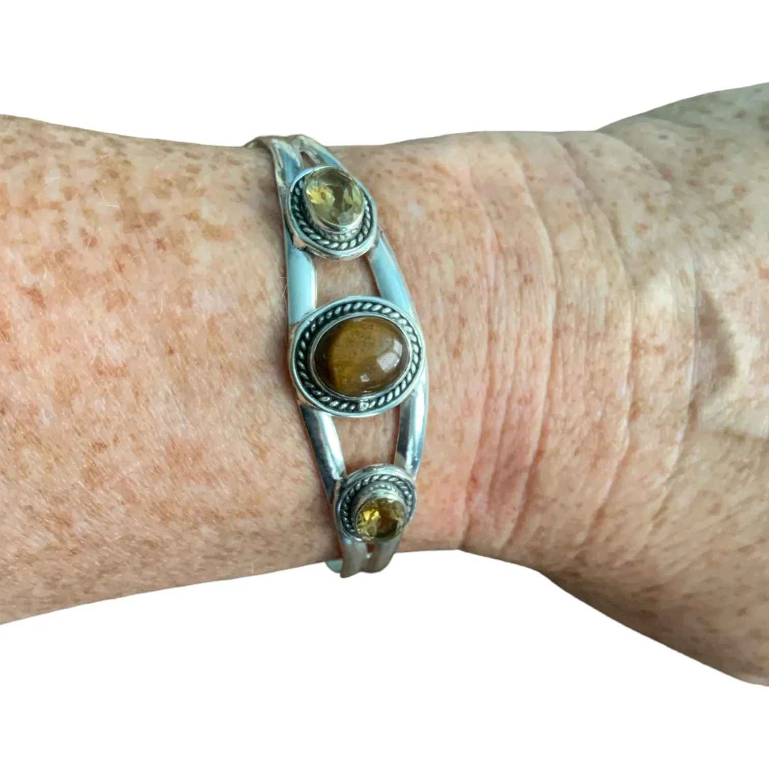 Tigers Eye & Citrine Solid 925 Sterling Silver Cuff Bracelet