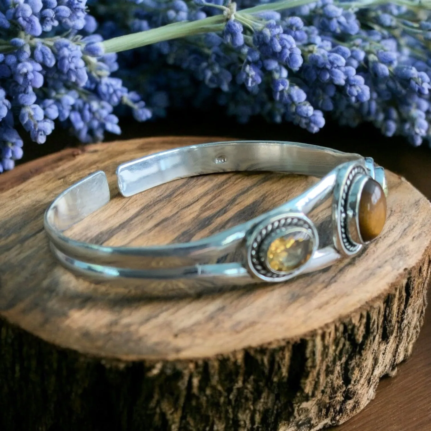 Tigers Eye & Citrine Solid 925 Sterling Silver Cuff Bracelet