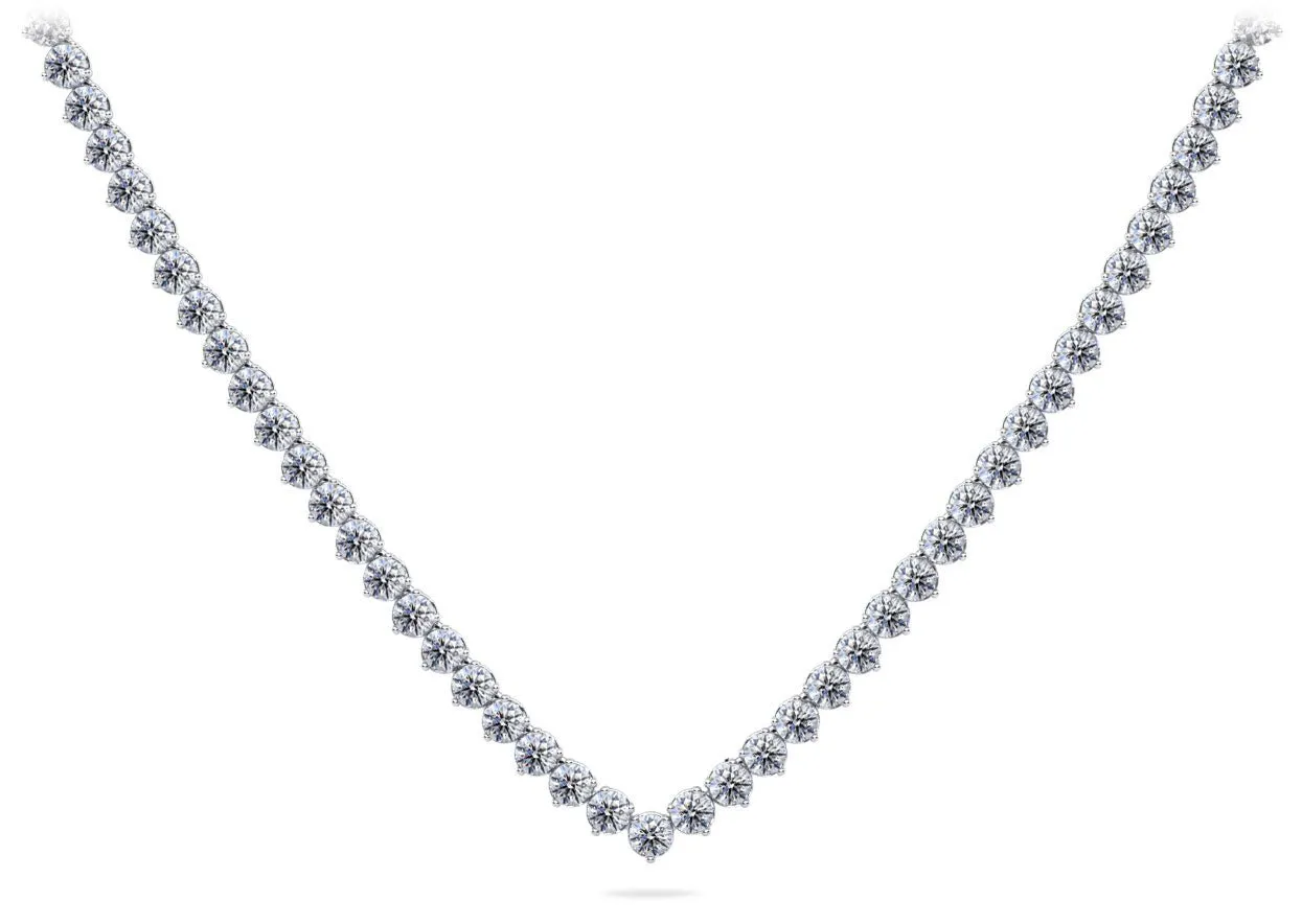 Timeless Three Prong Riviera V Neck Diamond Necklace with 13.55 ct.(finished) 3mm