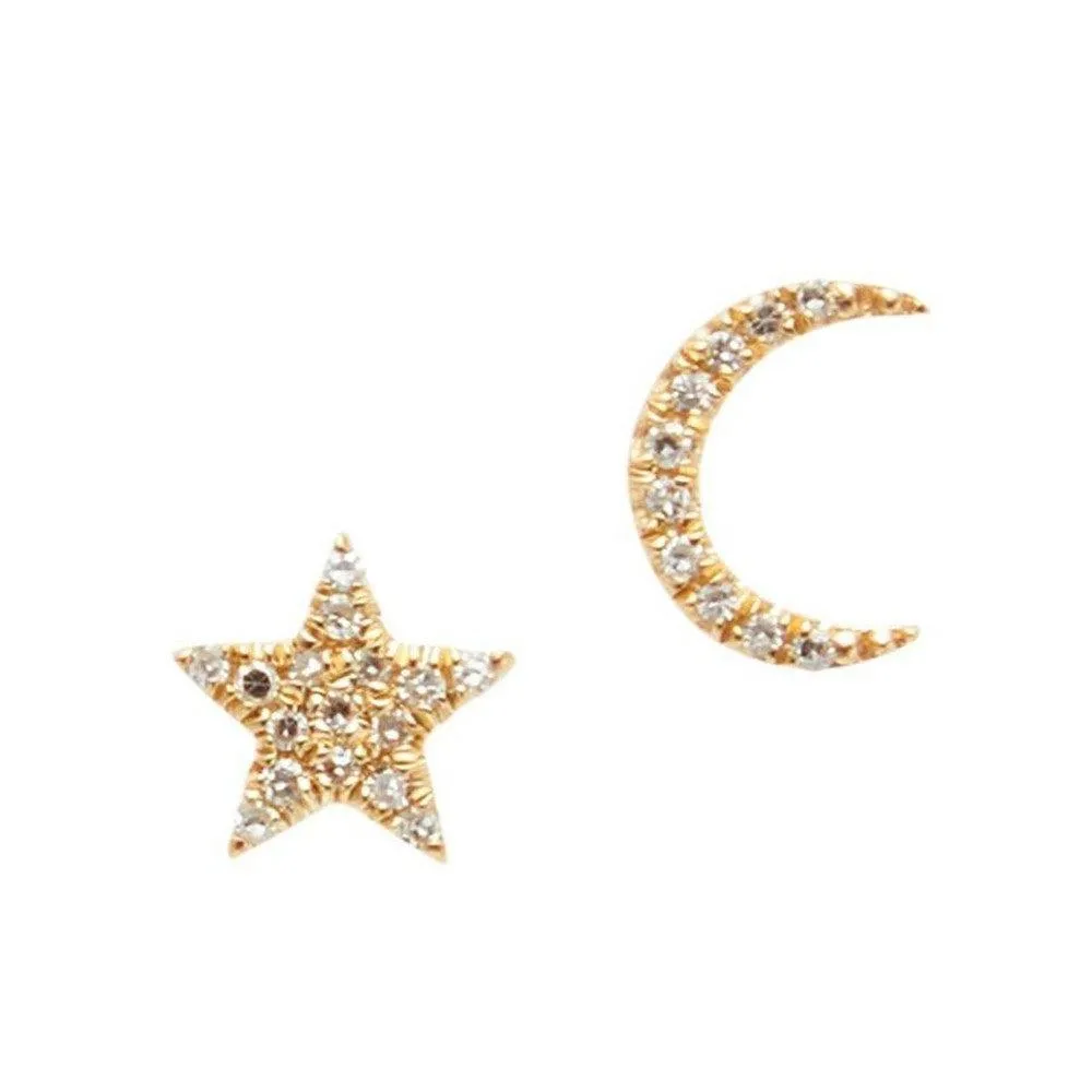 Tiny Star and Moon Yellow Gold Diamond Studs
