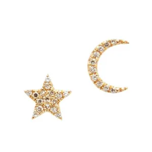 Tiny Star and Moon Yellow Gold Diamond Studs