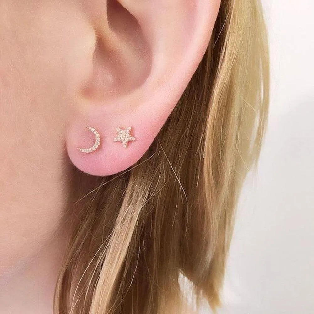 Tiny Star and Moon Yellow Gold Diamond Studs