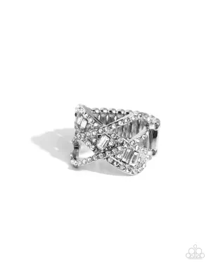 Triple Threat Twinkle - White - Rhinestone Encrusted Criss-Cross Band Paparazzi Ring