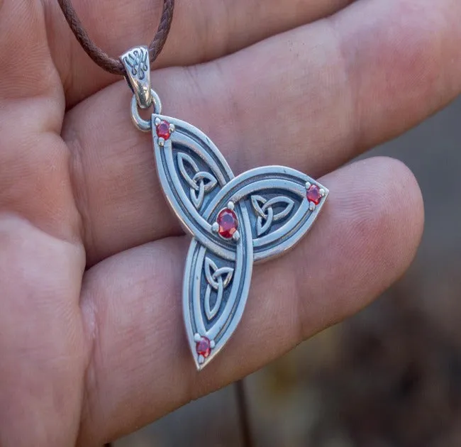 Triquetra Symbol Pendant with Red Cubic Zirconia Sterling Silver Celtic Necklace