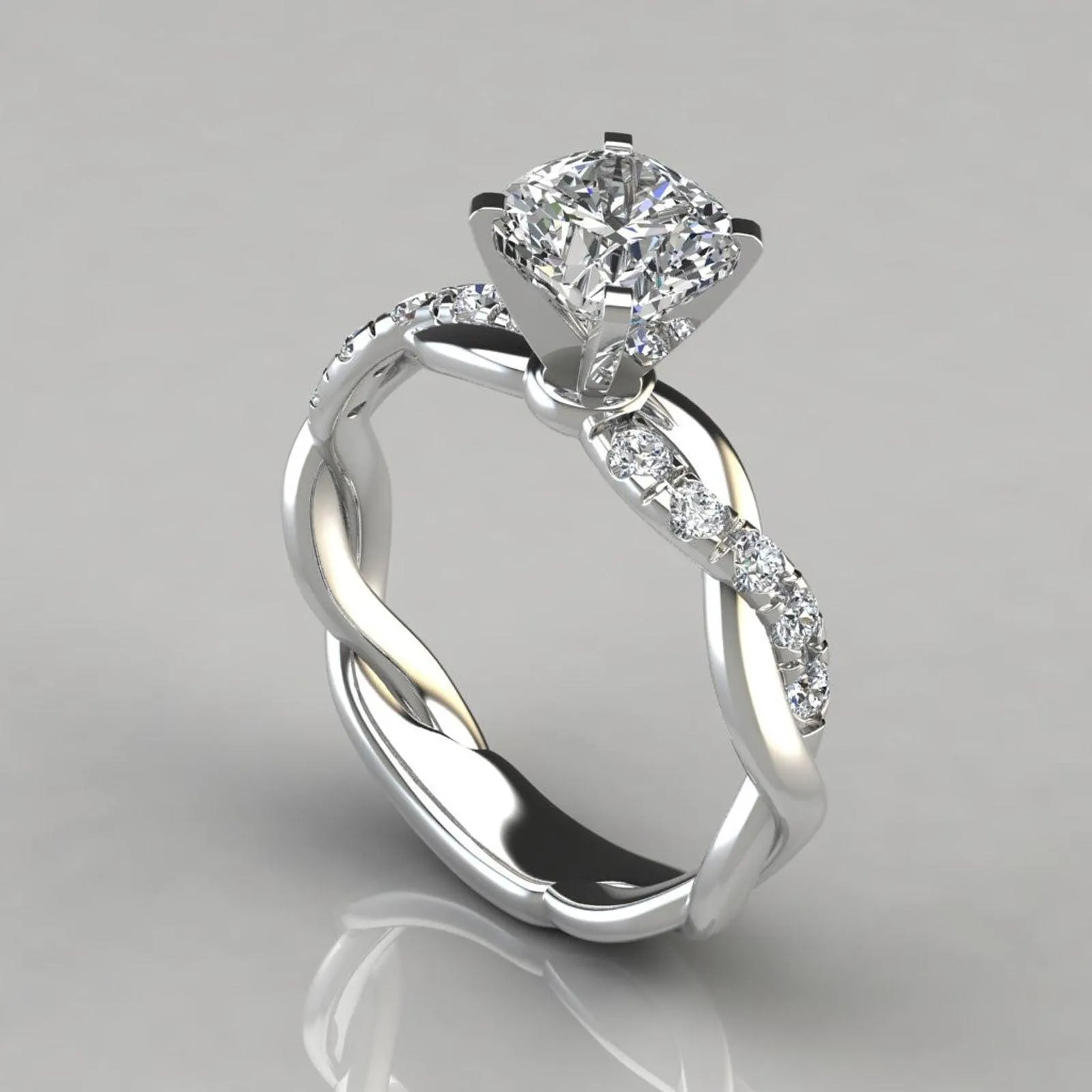 Twist Band Solitaire Ring With Pave Accents