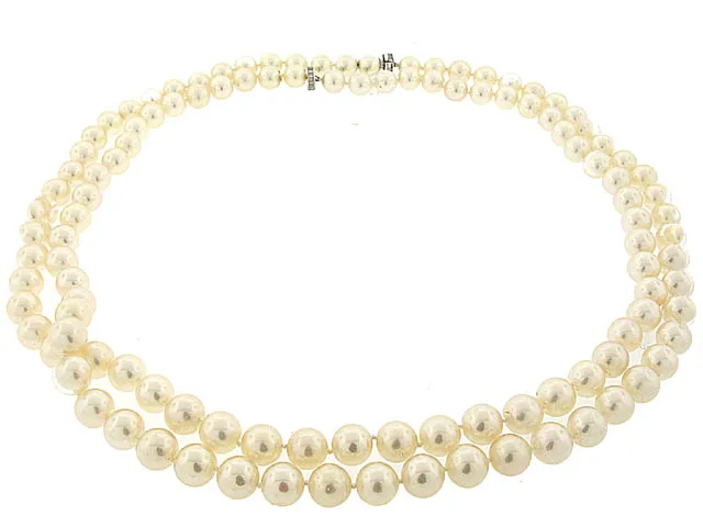 Two Cultured Pearl Strands with Diamond Clasps in 18K White Gold