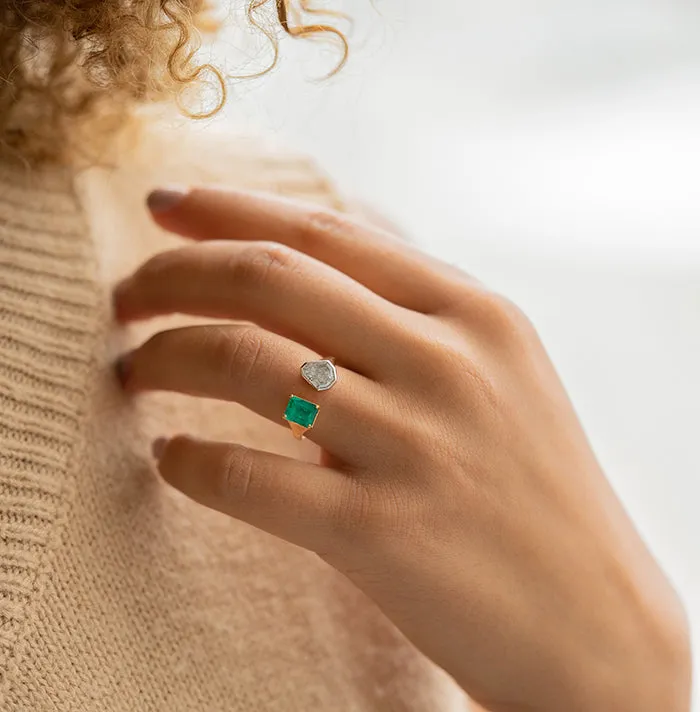 Two Stone Diamond and Emerald Ring