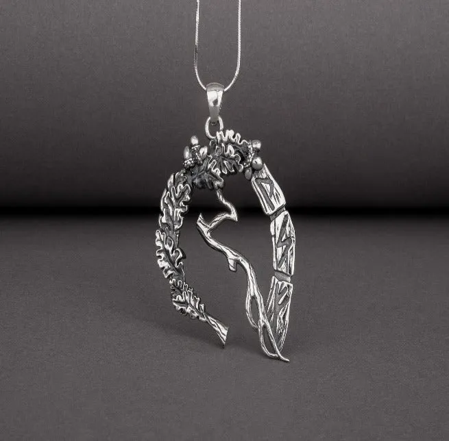 Unique sterling silver pendant with Oak branch, leaves, and runes, handcrafted jewelry