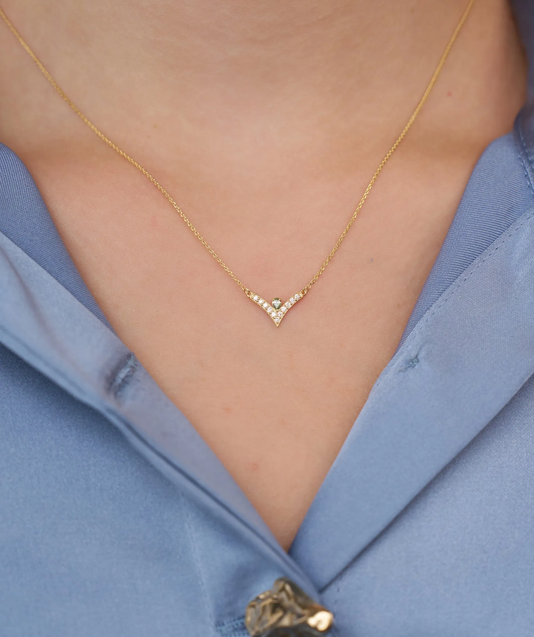 V-Shaped Diamond & Green Gemstone Necklace