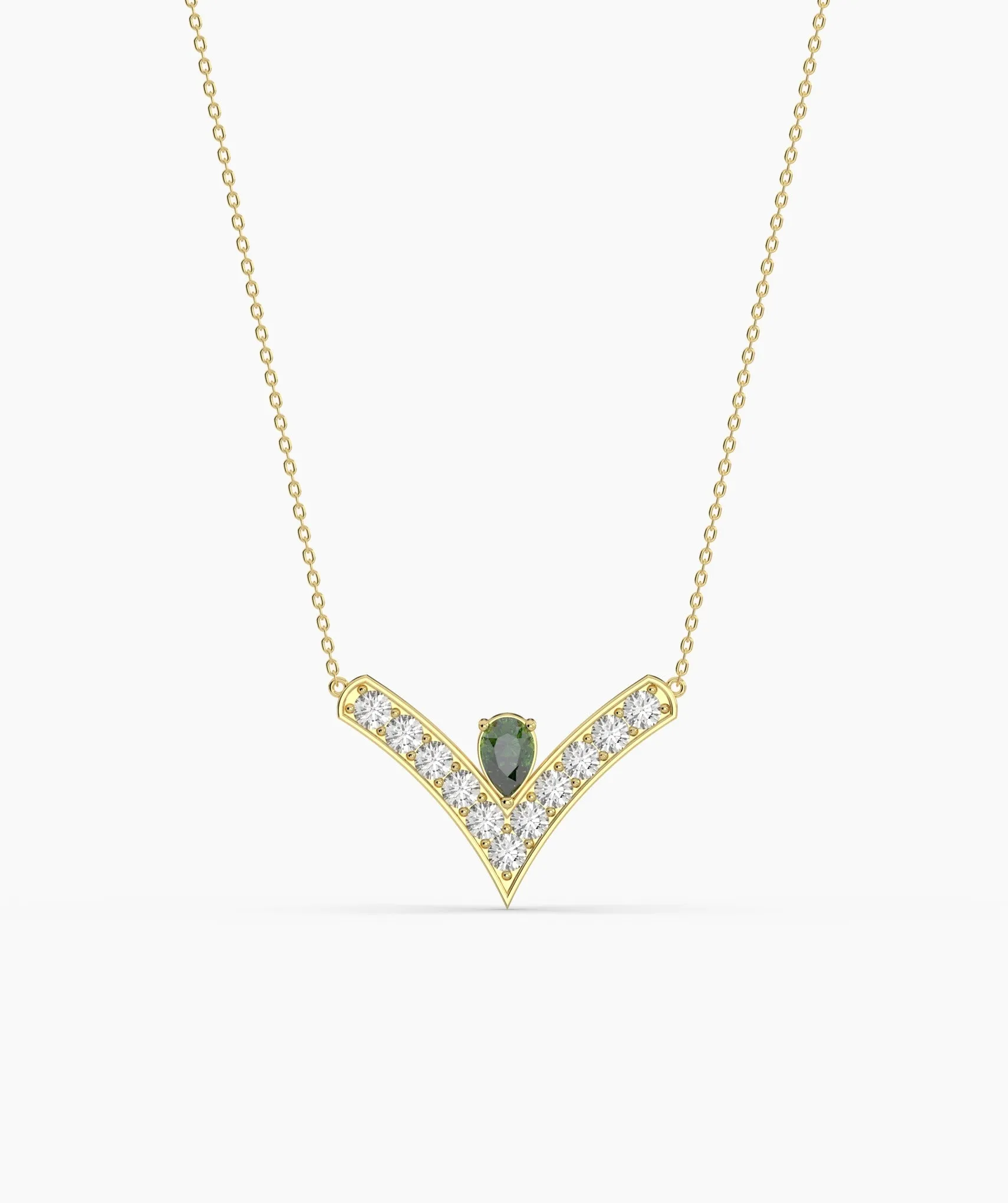 V-Shaped Diamond & Green Gemstone Necklace